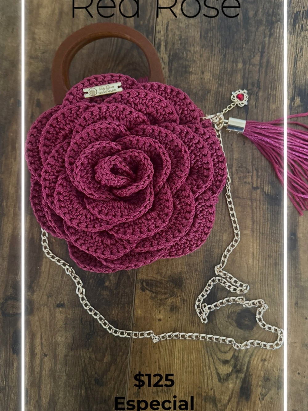 Handcrafted Red Rose Crochet Crossbody Bag with Tassel
